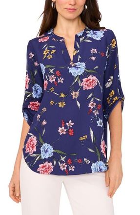 Chaus Floral Print Roll Tab Top in Navy Floral at Nordstrom, Size X-Large