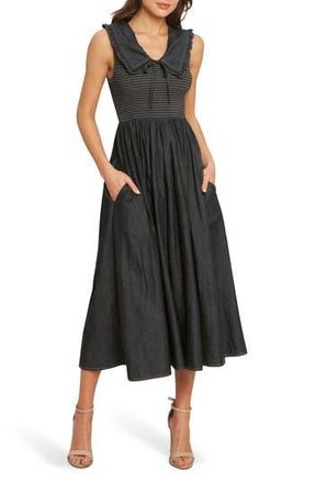 Flying Tomato Ruffle Collar Sleeveless Fit & Flare Denim Midi Dress in Dark Indigo at Nordstrom Rack, Size Large