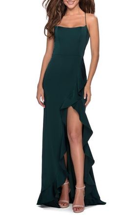 La Femme Ruffle Prom Dress with Scoop Neck and Lace Up Back in Emerald at Nordstrom, Size 00