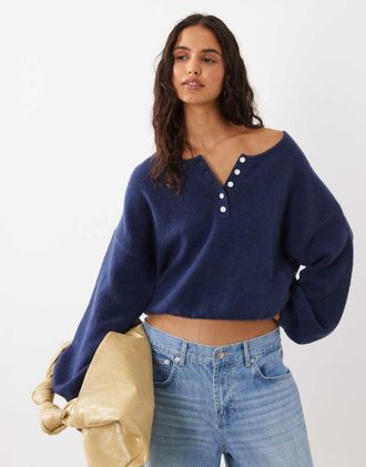 Abercrombie & Fitch cardigan lavorato a maglia con collo serafino in navy-Blu