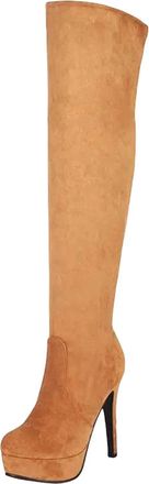 Generic Womens Sexy Over The Knee Boots Round Toe Thin High Heel With Platform Zipper Stretch Thigh High Party Shoes