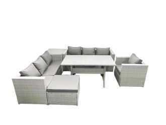 Fimous 6 Pieces Outdoor Rattan Sofa Set with Cushions Patio Garden Furniture Sets with Armchair Dining Table Side Table Big Footstool in Light Grey
