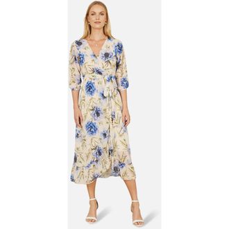 Yumi 3/4 Sleeve V-Neck Wrap Midi Dress in Cream at Nordstrom, Size 10