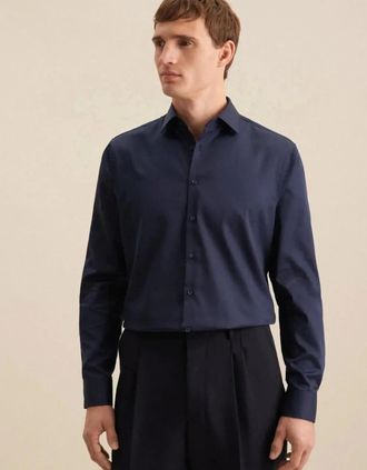 Seidensticker Seidensticker Mens Shaped Fit Easy Iron New Kent Business Shirt Dark Blue - Size: 40/Regular