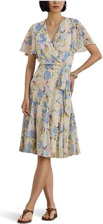 Lauren Ralph Lauren Floral Crinkle Georgette Surplice Dress Womens Dress Blue/ : 12, Polyester