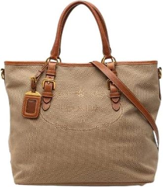 Prada Pre-owned Tote Bags, female, Beige, Size: ONE SIZE Pre-owned Logo Jacquard Canvas Leather 2way Bag