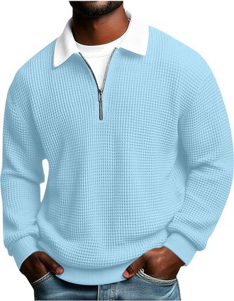 Generic Mens Waffle Knit Polo Shirts Long Sleeve Sweatshirt for Men UK Quarter-Zip Polo Neck Jumper Fashion Contrast Collar Sweatshirts Oversized Fit Soft Tex