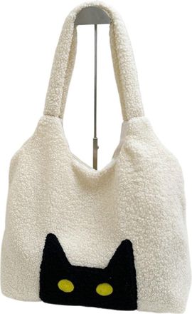 Generic Womens Plush Bags Women Lambs Wool Plush Tote Bag Cute Cat Handbag Large Capacity Satchel Shopping Dating(Black)