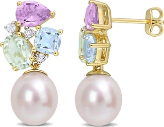 Mimi & Max 9-9.5 MM Freshwater Cultured Pearl and 4 3/4 CT TGW Multi-Color Gemstone Drop Earrings in Yellow Plated Sterling Silver