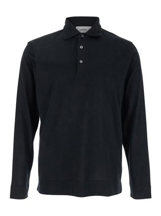 Lardini Black Polo With Classic Collar And Long Sleeves In Cotton And Silk Blend Man