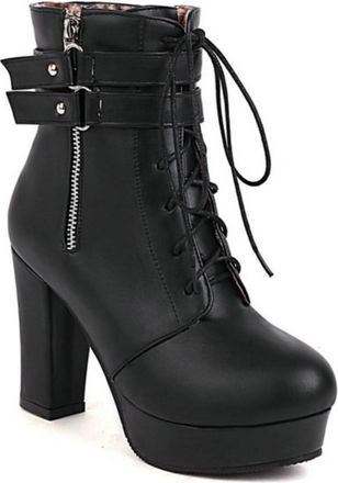Generic Womens Chunky Platform Mid-Calf Boots with Gothic Details - Front Lace-Up, Side Zipper, Buckles,Black,5.5 UK