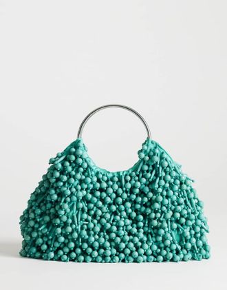 Topshop Hunter - Borsa a mano media con perline verde-azzurro e manico in metallo-Blu