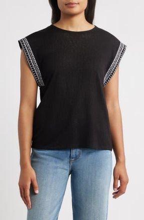 Bobeau Caty Embroidered Sleeve Knit Top in Black/Cream at Nordstrom Rack, Size X-Small