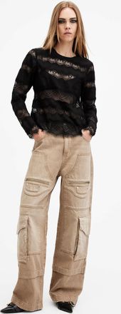 AllSaints Lyocell Tiff Lace Panelled Sheer Top, Size: UK 10/US 6