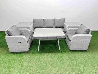 Fimous Reclining Chair 3 Seat Sofa Set Garden Furniture Set 2 Side Tables in Light Grey