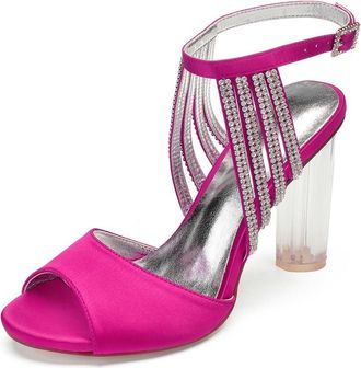 Generic Satin Wedding Bridal Shoes Womens Chunky Heels Open Toe Ankle Strap Heeled Evening Party Dress High Sandals 10.5Cm,Rose red,6 UK
