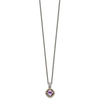 Diamond2Deal Sterling Silver with 14K Accent Cushion Pink Quartz Pendant Necklace