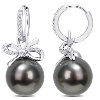 Mimi & Max 12-12.5mm Black Tahitian Cultured Pearl 1/4ct TW Diamond Earrings 14k White Gold