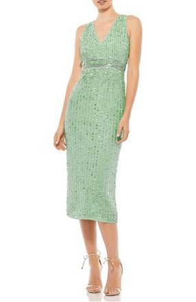 Mac Duggal Sequined Sleeveless V-Neck Midi Sheath Dress in Sage at Nordstrom, Size 14