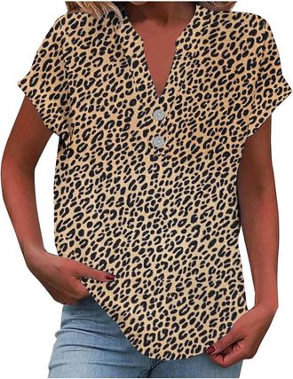 Generic Tops For Women UK Cotton Linen Summer Tops Short Sleeve V Neck Basic Tees Floral Boho Hawaiian Shirts Work Tunic Blouses 2026 Trendy Fashion Cheeseclo