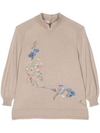 Shiatzy Chen floral-embroidered split-neck jumper - Brown