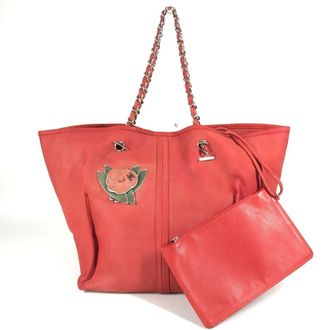 Chanel Red Color Leather Shoulder Bag Tote Bag (Pre-Owned)