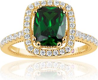 Suzy Levian Yellow Rhodium Plated Sterling Silver Cushion-Cut CZ Ring in Green at Nordstrom Rack, Size 5.5