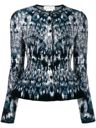 Alexander McQueen abstract pattern knitted peplum cardigan - women - Silk/Polyamide/Polyester/Spandex/Elastane/Viscose - L - Blue