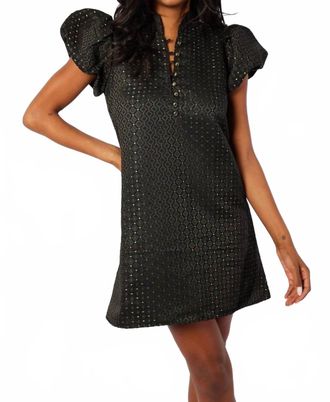 Sail to Sable Puff Sleeve Button Front Dress In Black/gold Jacquard