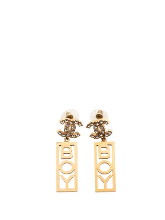 Chanel 2022 CC Gold Plated Rhinestones Boy Plated Push Back Earrings costume earrings