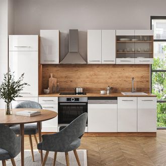 Vicco Mueble De Cocina Fame-line, Blanco Brillo Intenso/roble Dorado, 300 Cm Sin Encimera