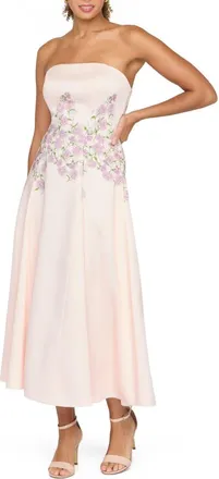 Kay Unger Tabitha Embroidered Strapless Midi Dress in Delicate Pink at Nordstrom, Size 14