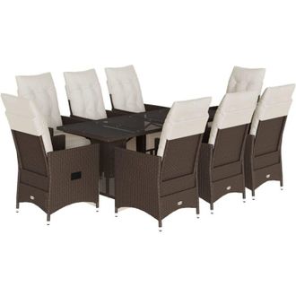 vidaXL Set De Mesa Y Sillas Jard&iacute;n 9 Piezas Y Cojines Rat&aacute;n Pe Marr&oacute;n Vidaxl
