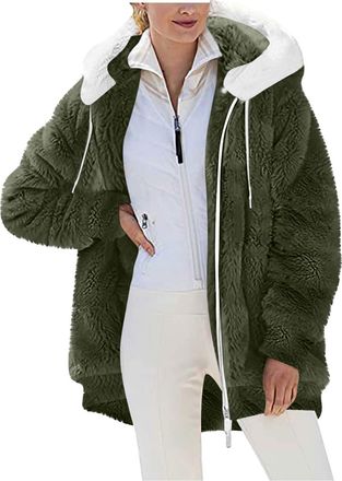 Generic Womens Teddy Fleece Jacket Double Fluffy Hoodie with Ear Loose Hooded Warm Winter Coat Casual Full Zip Hoodie Teddy Bear Coats Ladies Fleece Tops with