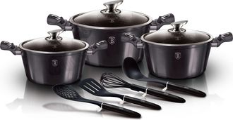 Berlinger Haus Berlinger Haus - Carbon Pro Bater&iacute;a Cocina Inducci&oacute;n 10 Piezas, Antiadherente M&aacute;rmol Sin Pfoa, Aluminio, 3 Cazuelas Tapas Gris Oscuro