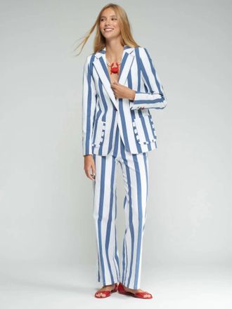 Vilagallo Striped Jacket With Ruffled Pockets In Blue, White