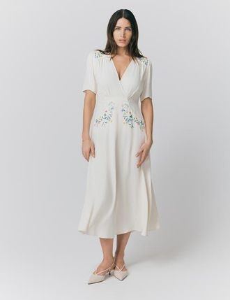 Ghost London Maeve Embroidered Crepe Midi Tea Dress in Ivory at Nordstrom, Size 10
