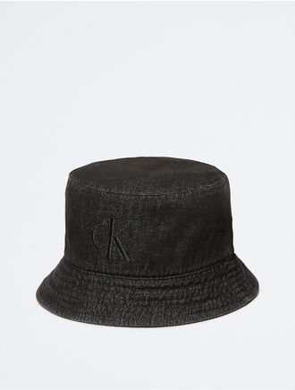 Calvin Klein Mens Washed Denim Embroidered Logo Bucket Hat - Black