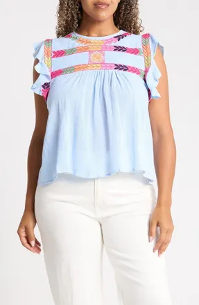 Rain + Rose Embroidered Flutter Top in Blue at Nordstrom, Size 3X