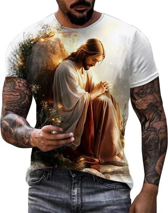 Generic Mens Novelty 3D Graphic Jesus T-Shirt Round Neck Short Sleeve Personalized 3D Printed T-Shirt Comfortable Athletic Fit Moisture Wicking Sports Style T