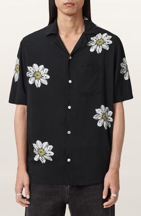 AllSaints Petal Camp Shirt in Jet Black at Nordstrom, Size X-Small