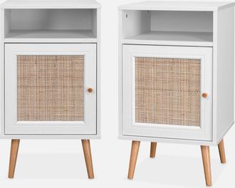 Sweeek Sweeek - Mesita De Noche Escandinava De Mimbre, Set De 2, Boheme, Blanco Roto, 39x40x70 Cm