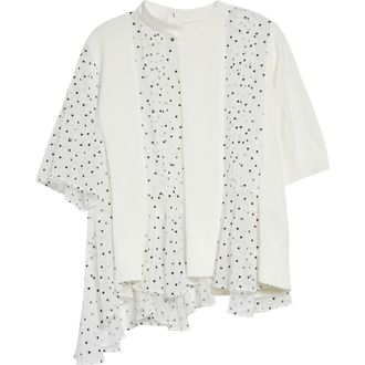 sacai Pleated Polka Dot Mixed Media Top in White at Nordstrom, Size 3