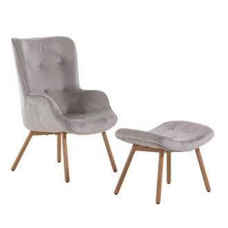 Siediti Fuori e Dentro Sill&oacute;n con reposapi&eacute;s de terciopelo gris claro con patas efecto madera