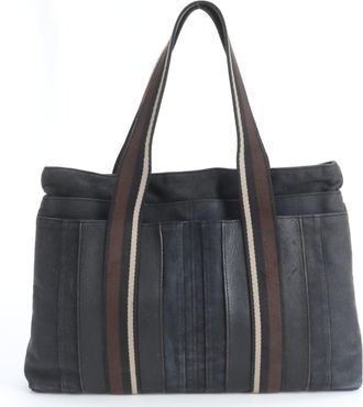 Herm&egrave;s Black Brown Leather Canvas Tote Bag (Pre-Owned)