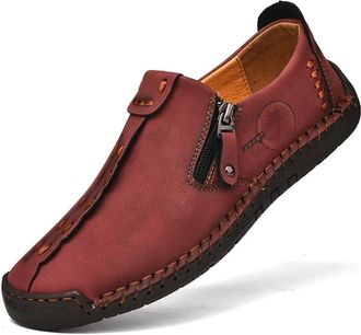 Generic Mens Loafers Shoes with Side Zipper, Handmade Non Slip Rubber Sole Walking Shoes Flexible Moccasins for Driving (Red,10.5)