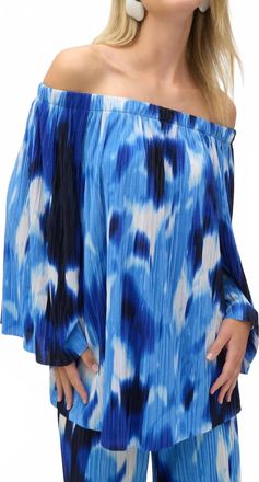 Joseph Ribkoff Pleated Novelty Tropical Print Off-Shoulder Top In Blue/vanilla