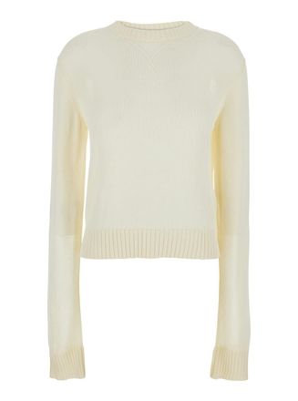 Jil Sander White Cropped Crewneck Sweater With Tonal Logo Embroidery In Cotton Woman