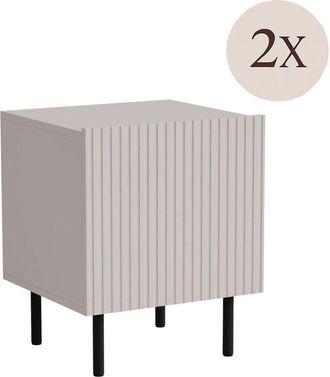 Dmora Conjunto De 2 Mesitas De Noche Livraga, C&oacute;moda Baja Con Puerta Abatible Y Compartimento Interior, Acabado Efecto Ca&ntilde;a, 45x40 H51 Cm, Beige