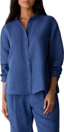 Eileen Fisher Mandarin Collar Long Sleeve Organic Linen Button-Up Shirt in Deep Dive at Nordstrom, Size Xx-Small